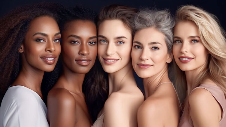 Portrait of five women with diverse skin tones posing together.