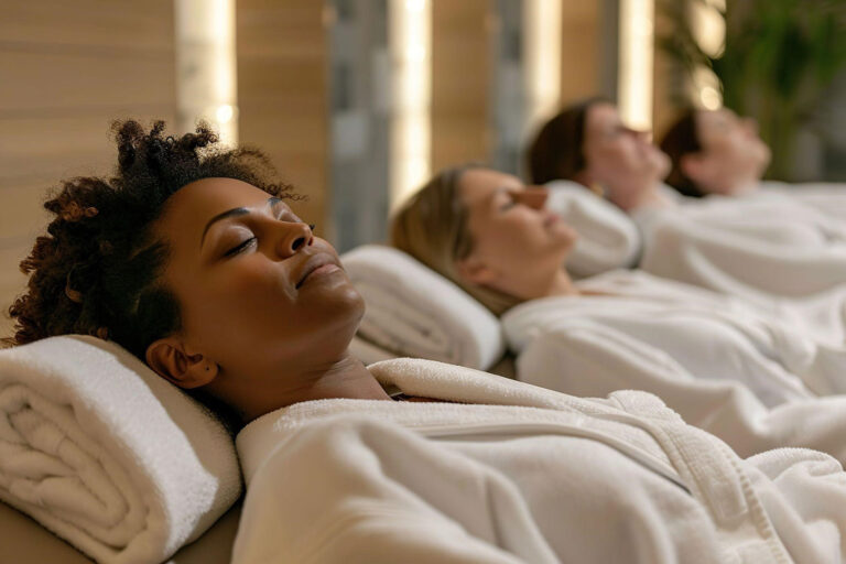 Women resting in white robes at a spa
