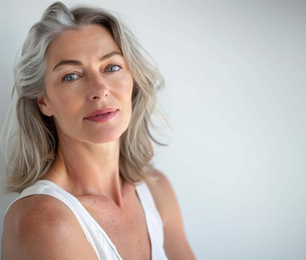 Woman with grey hair in a white top looking at the camera
