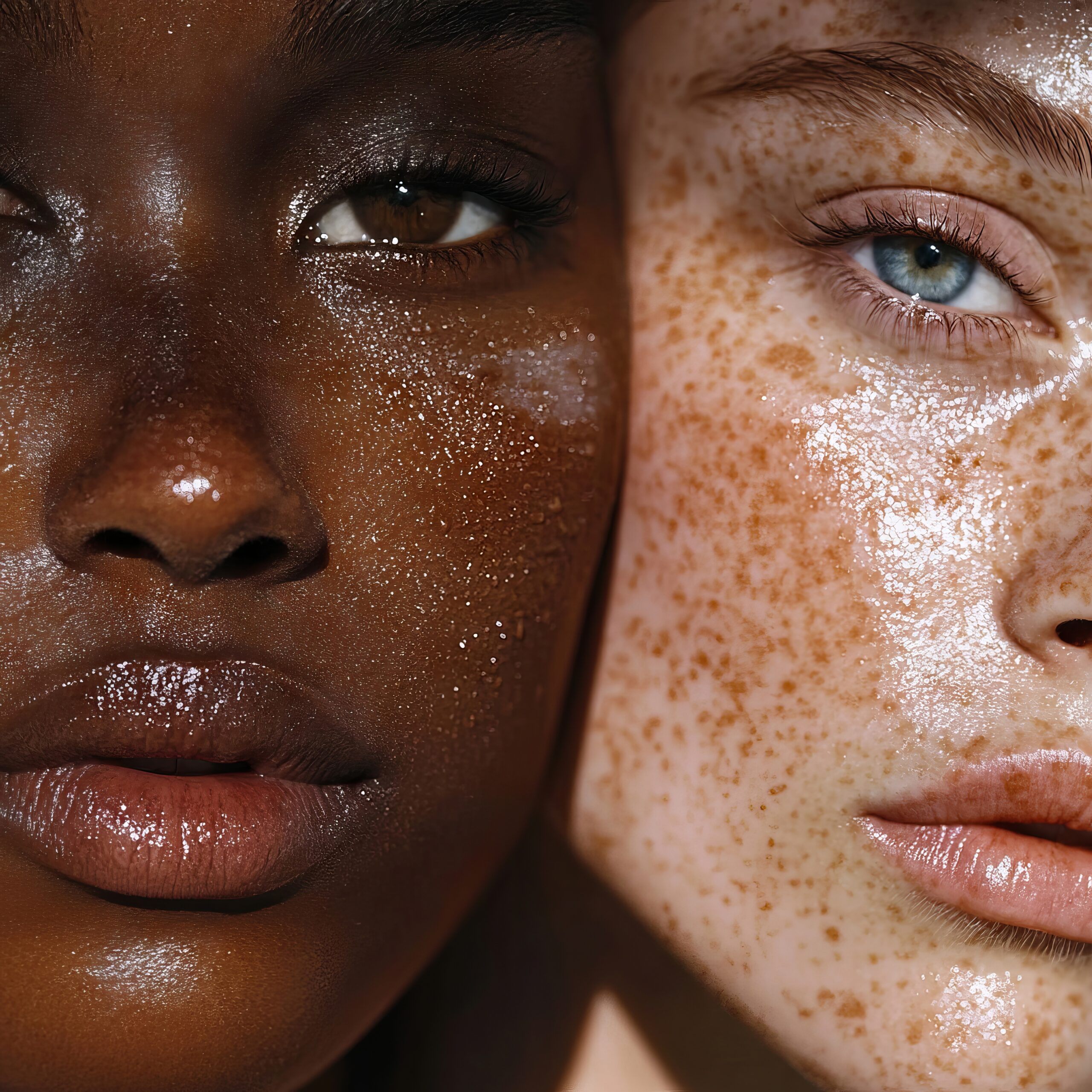 Close-up of two women's faces side by side, one with freckles