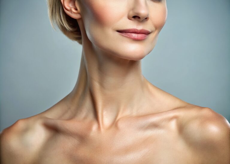 Woman's neck and shoulders against a grey background