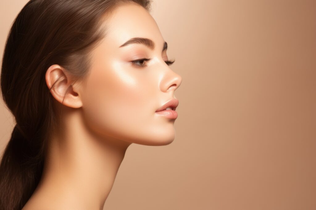 Side profile of a woman's face showing the cheek, lips and jawline