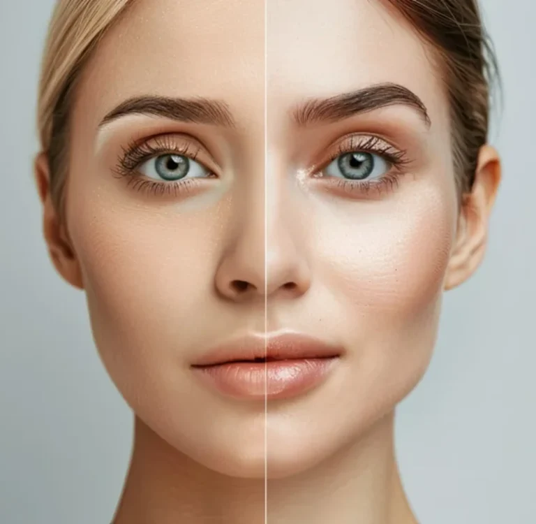 Split-face comparison showing uneven pigmentation and a more even-toned complexion