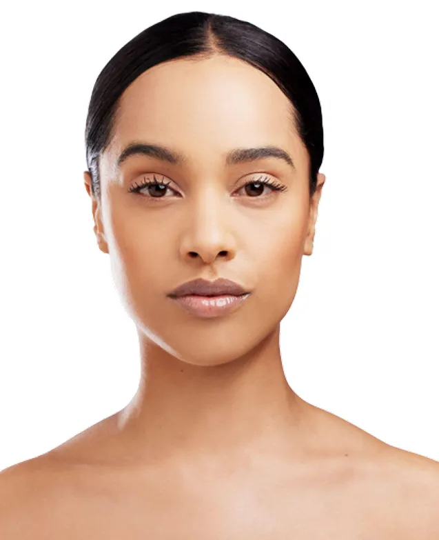 Close-up portrait of a woman with smooth, even-toned skin