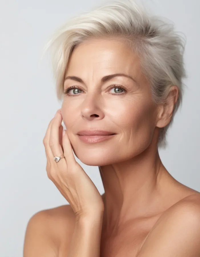 Mature woman with short gray hair touching her face and smiling