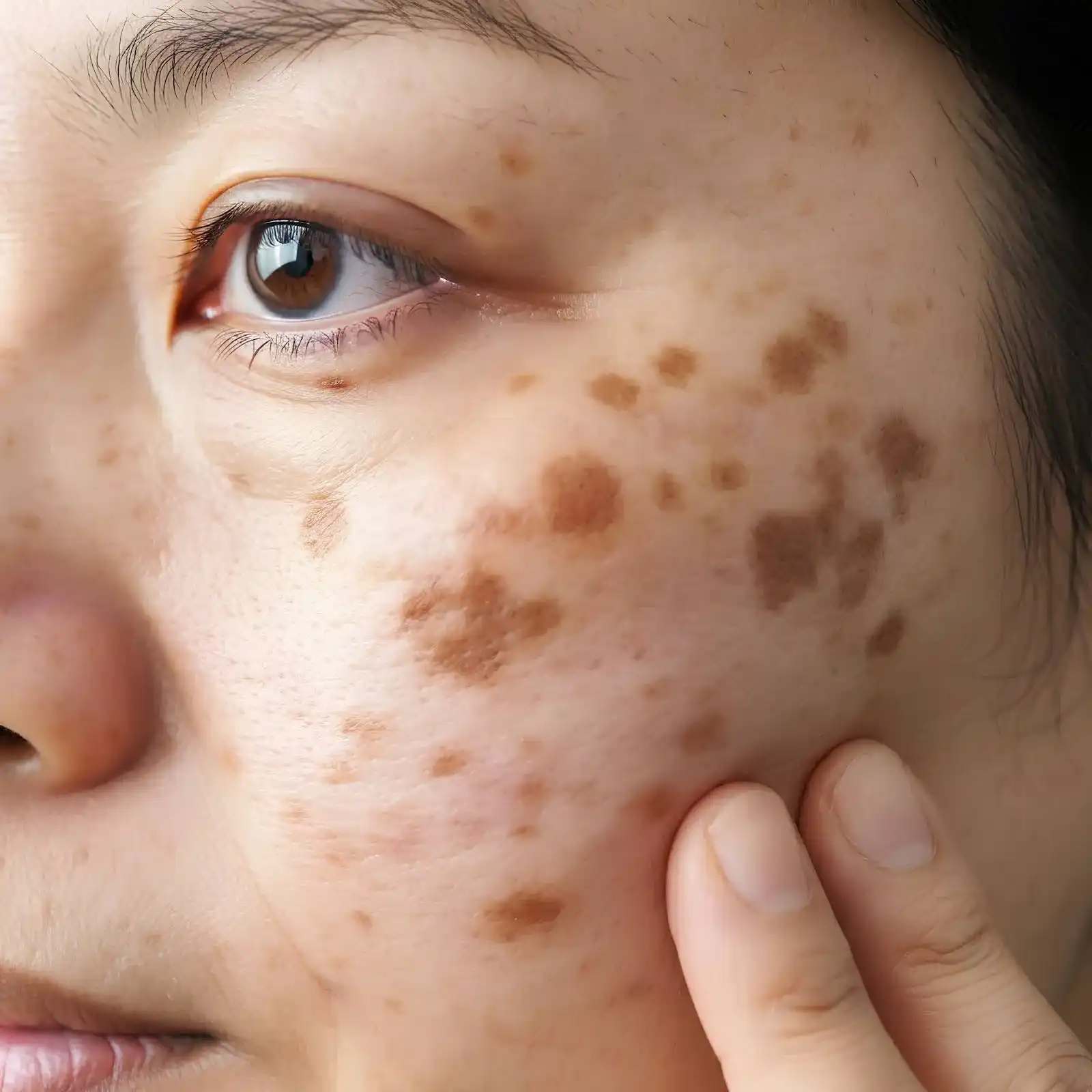 Hyperpigmentation: Close-up of facial skin with visible areas of dark pigmentation and uneven skin tone.